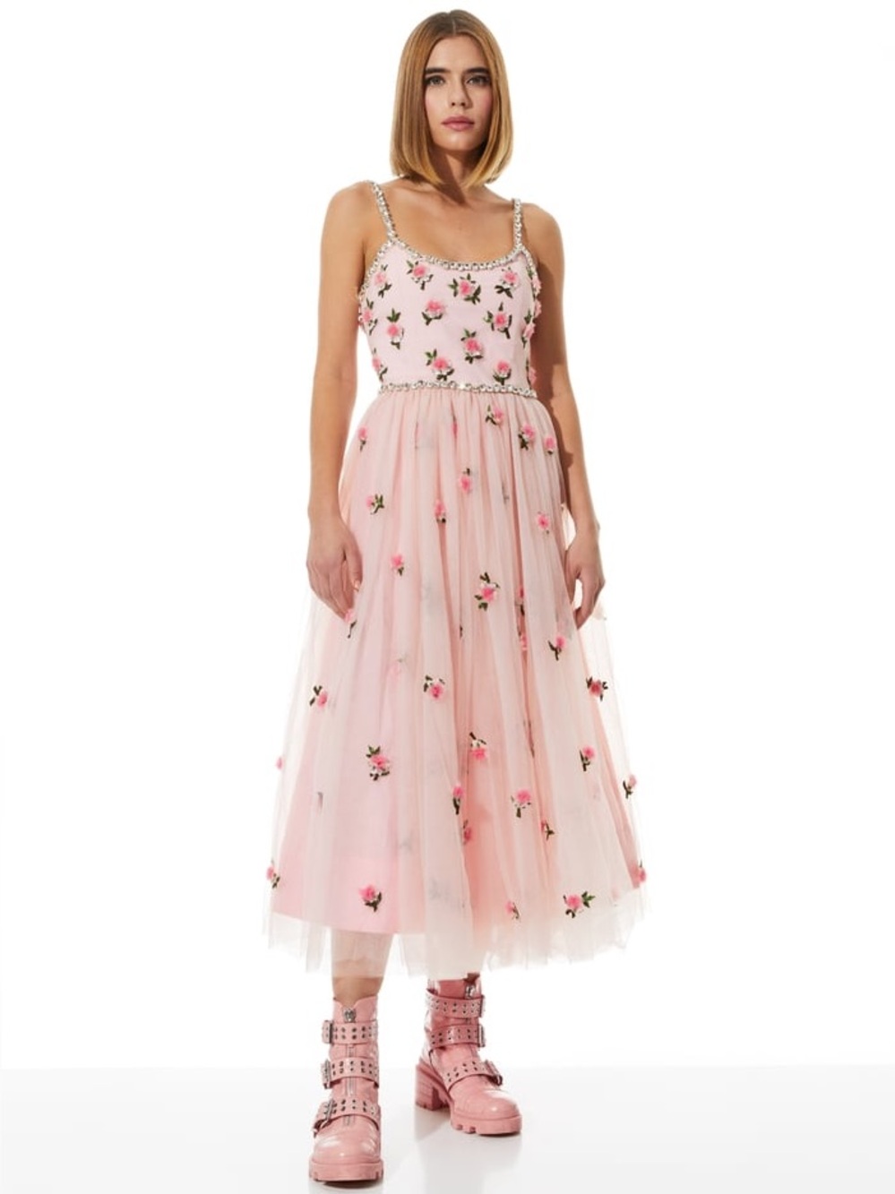 Alice & Olivia New Lupita Crystal Strap Embellished 3D Flowers Tulle Midi Gown 6 - Picture 2 of 16